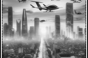 eVTOLs over an urban area