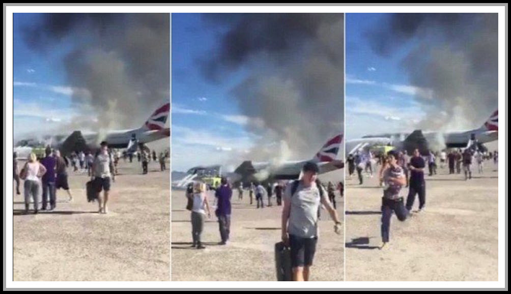 BA passengers evacuating burning NOTE almost all are carrying bags plane